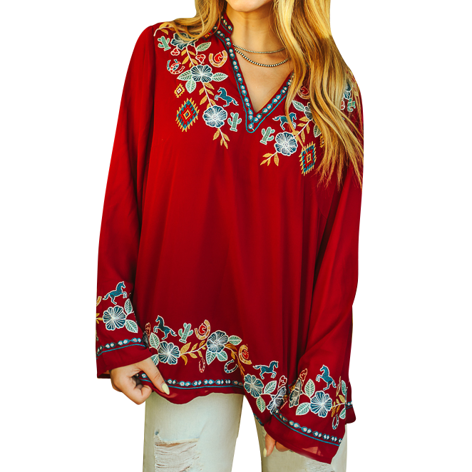 Floral Embroidered V-Neck Top (Clearance)